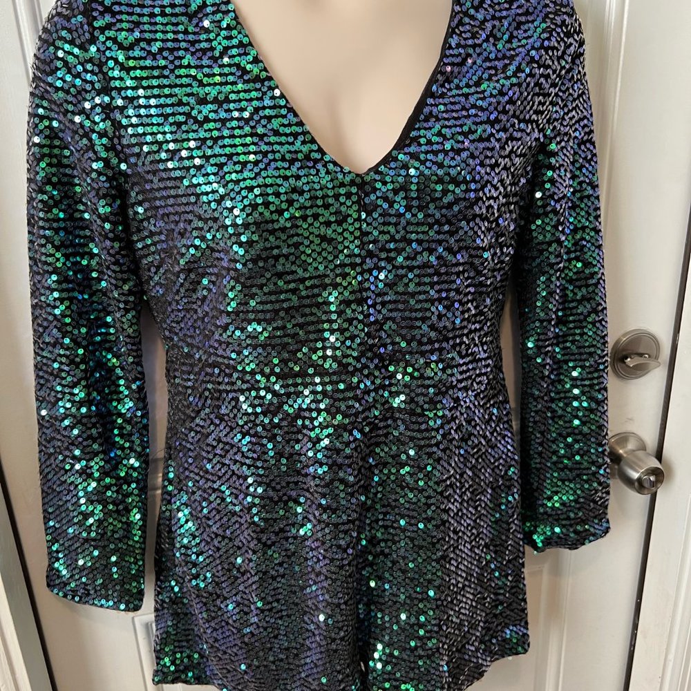 Eye Catching Green/Blue Sequined Shorts Jumper -Fun Halloween - Dance Costume LG